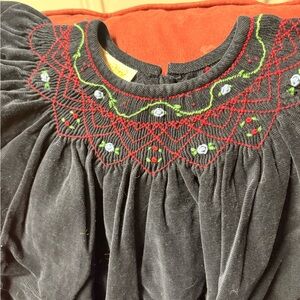 Navy Dress with Red and Green Embroidery/Smocking